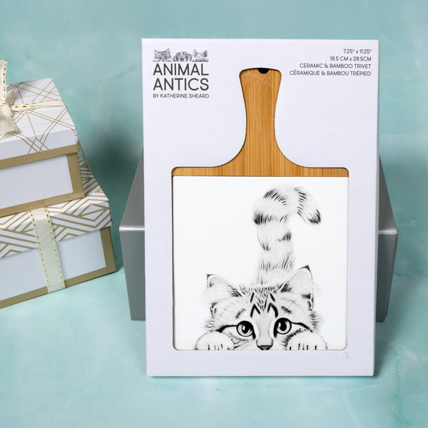 Pavilion Gift Company Cat 7.5" Bamboo & Ceramic Tile Trivet