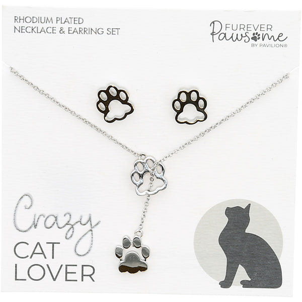 pavilion gift company Cat Lover Rhodium Plated Adjustable Necklace and Earring Set
