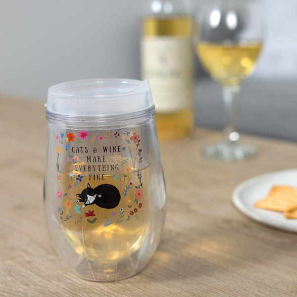 Pavilion Gift Company Cats 12 Oz Acrylic Stemless Wine Glass With Lid