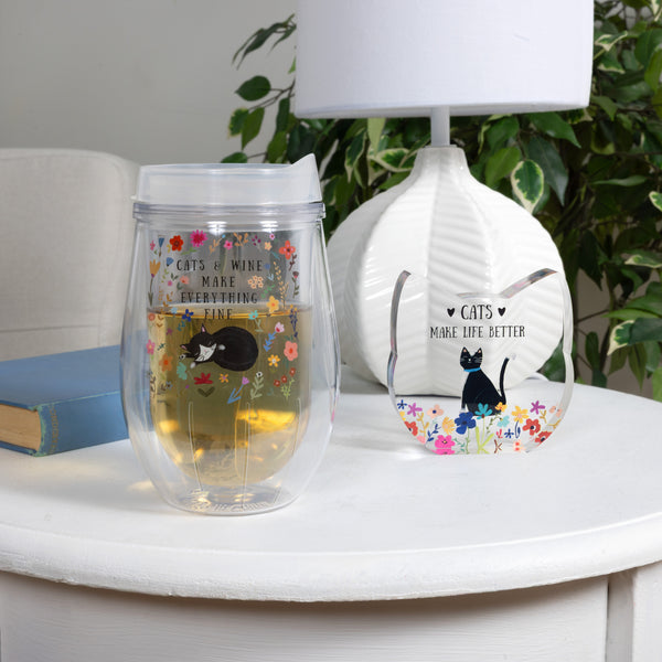 Pavilion Gift Company Cats 12 Oz Acrylic Stemless Wine Glass With Lid