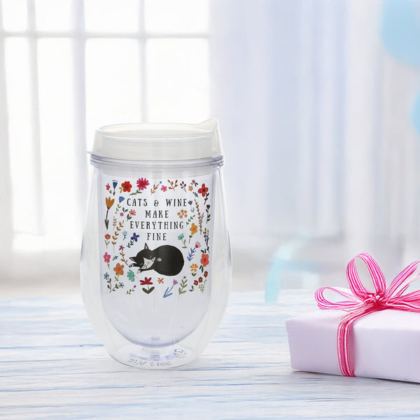 Pavilion Gift Company Cats 12 Oz Acrylic Stemless Wine Glass With Lid
