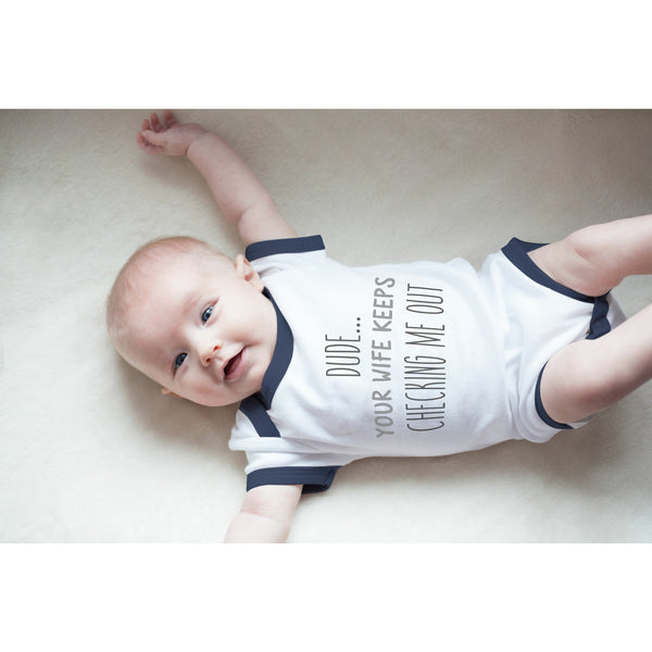 Pavilion Gift Company Checking Me Out 6-12 Months Navy Trimmed Onesie
