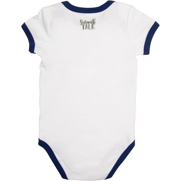 Pavilion Gift Company Checking Me Out 6-12 Months Navy Trimmed Onesie