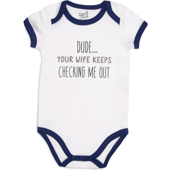 pavilion gift company Checking Me Out 6-12 Months Navy Trimmed Onesie