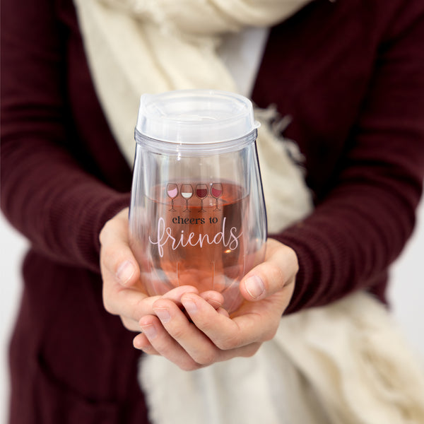 Pavilion Gift Company Cheers To Friends 12 Oz Acrylic Stemless Wine Glass With Lid
