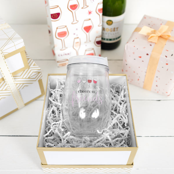 Pavilion Gift Company Cheers To Friends 12 Oz Acrylic Stemless Wine Glass With Lid