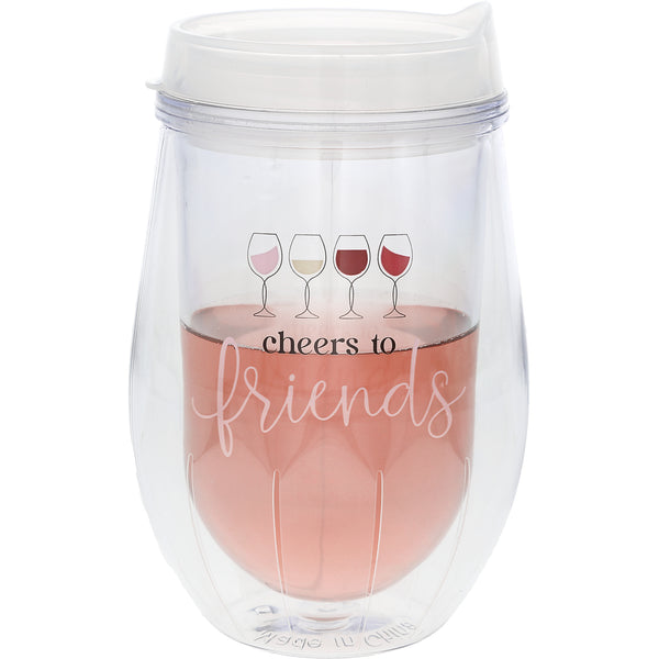 pavilion gift company Cheers To Friends 12 oz Acrylic Stemless Wine Glass with Lid