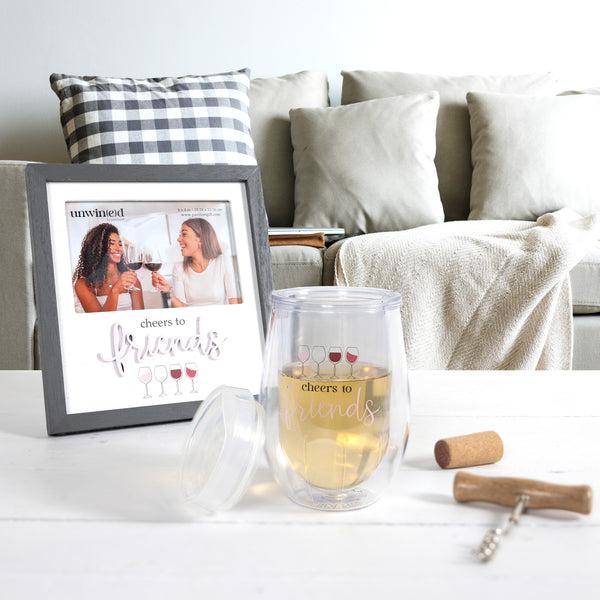 Pavilion Gift Company Cheers To Friends 12 Oz Acrylic Stemless Wine Glass With Lid