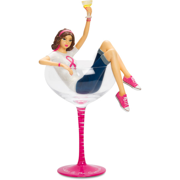pavilion gift company Cheers to the Survivor 10.25" Girl in Glass with Pink Ribbon to symbolize overcoming Breast Cancer