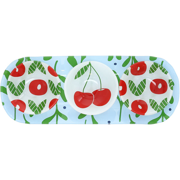 pavilion gift company Cherries 11" Glass Serving Tray with 3 Bowls