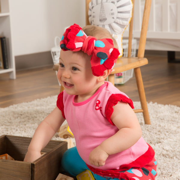 Pavilion Gift Company Coral And Blue Polka Dot Ruffled Knitted Headband