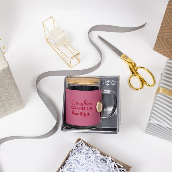 Pavilion Gift Company Daughter 16 Oz Wrapped Glass Mug With Coaster Lid