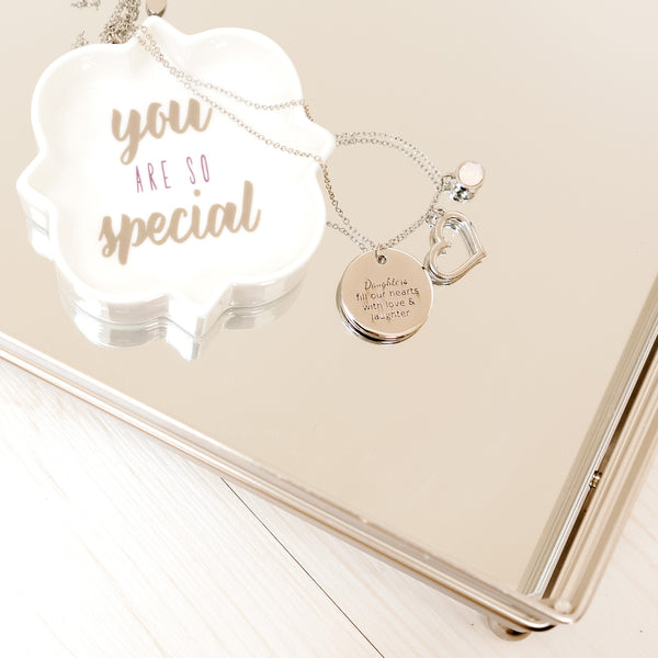 Pavilion Gift Company Daughter Rose Water Opal Crystal 16.5"-20.5" Engraved Rhodium Plated Austrian Element Necklace