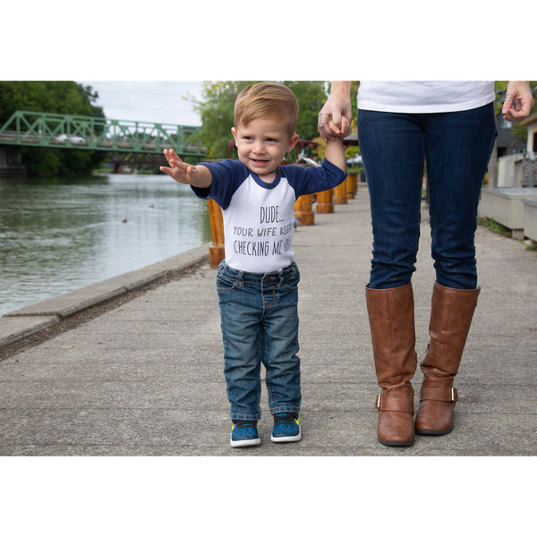 Pavilion Gift Company Dude 6-12 Months 3/4 Length Navy Sleeve Onesie