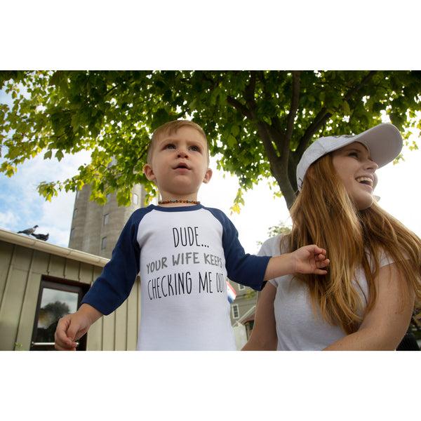 Pavilion Gift Company Dude 6-12 Months 3/4 Length Navy Sleeve Onesie