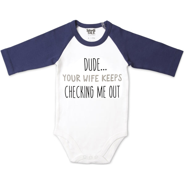 pavilion gift company Dude 6-12 Months 3/4 Length Navy Sleeve Onesie