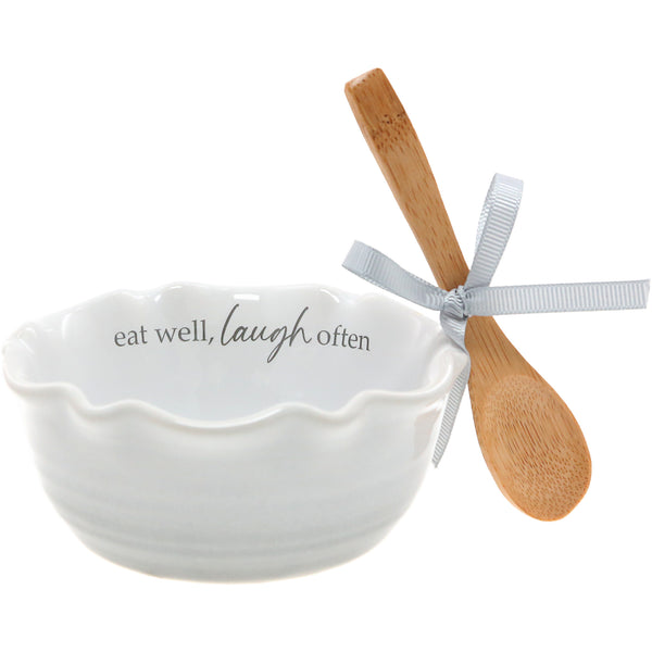 pavilion gift company Eat well 4.5" Ceramic Bowl with Bamboo Spoon