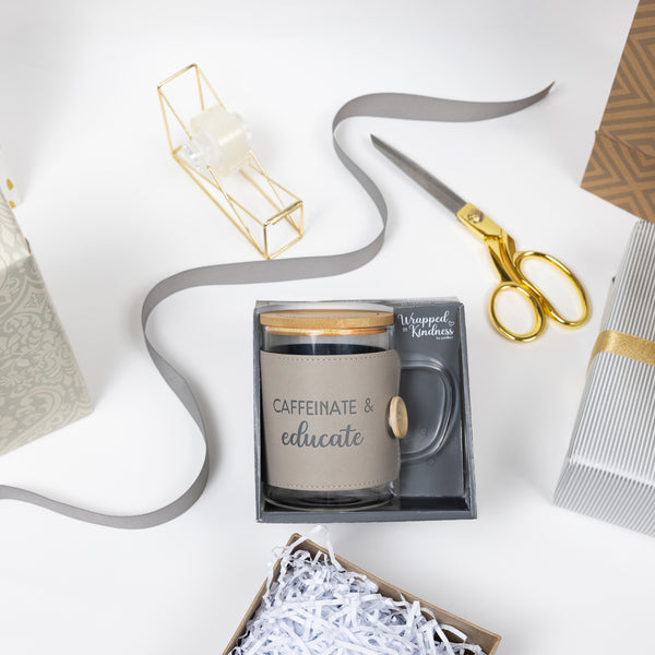 Pavilion Gift Company Educate 16 Oz Wrapped Glass Mug With Coaster Lid