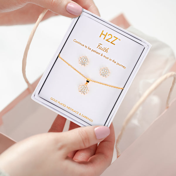 Pavilion Gift Company Faith Floral Burst Clear Zircon - 16.5"-18.5" Inspirational 18K Gold Plated Gift Set