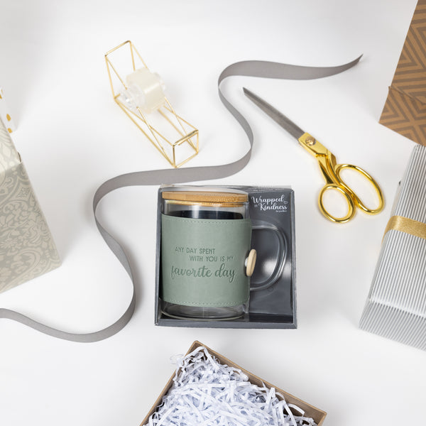 Pavilion Gift Company Favorite Day 16 Oz Wrapped Glass Mug With Coaster Lid