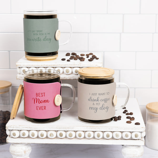 Pavilion Gift Company Favorite Day 16 Oz Wrapped Glass Mug With Coaster Lid
