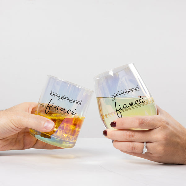 Pavilion Gift Company Fiancé/Fiancée 11 Oz Rocks & 18 Oz Stemless Wine Glass Set