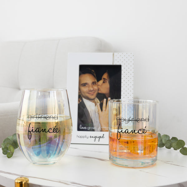 Pavilion Gift Company Fiancé/Fiancée 11 Oz Rocks & 18 Oz Stemless Wine Glass Set