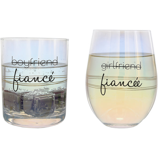 pavilion gift company Fiancé/Fiancée 11 oz Rocks & 18 oz Stemless Wine Glass Set