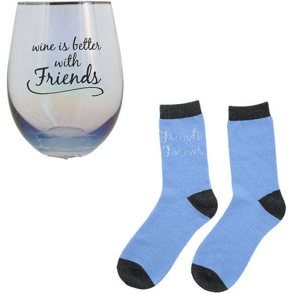 pavilion gift company Friends 18 oz Stemless Glass & Sock Set