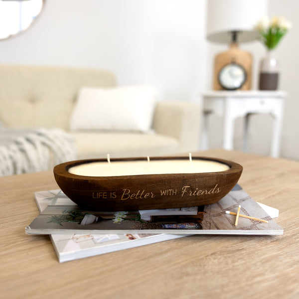 Pavilion Gift Company Friends 9 Oz - 100% Soy Wax Decorative Wooden Dough Bowl Candle Scent: White Jasmine