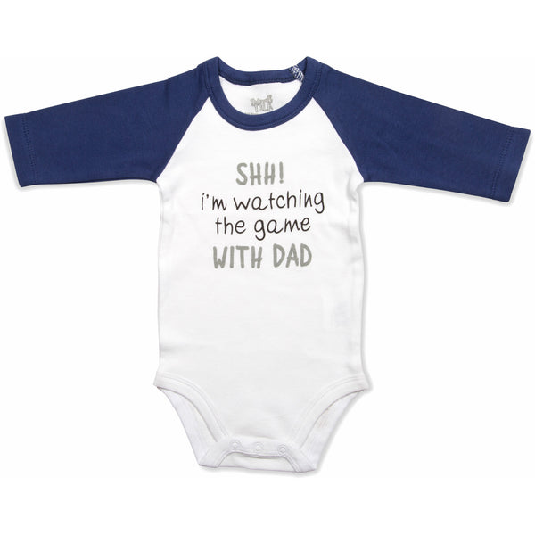 pavilion gift company Game with Dad 12-24 Months 3/4 Length Navy Sleeve Onesie