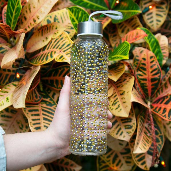 Pavilion Gift Company Gold & Silver Dots 16.5 Oz Hand Decorated Glass Water Bottle