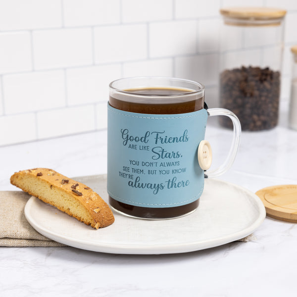 Pavilion Gift Company Good Friends 16 Oz Wrapped Glass Mug With Coaster Lid