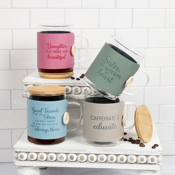 Pavilion Gift Company Good Friends 16 Oz Wrapped Glass Mug With Coaster Lid