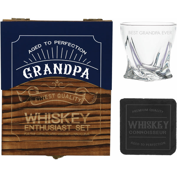 pavilion gift company Grandpa Wooden Gift Box with Rocks Glass and Slate Coaster