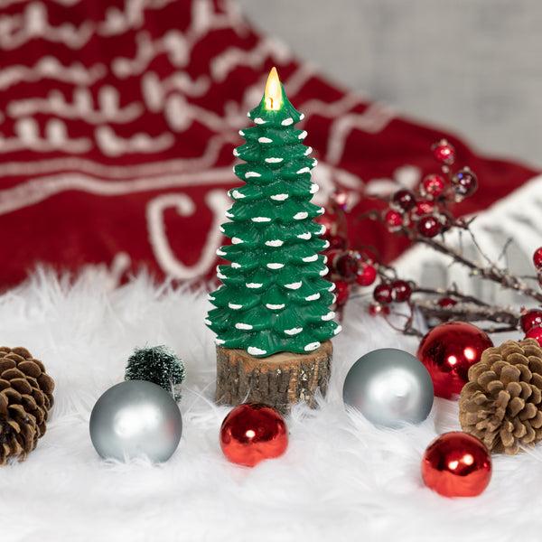 Pavilion Gift Company Green Frosted Pine Tree 7.25" Realistic Flame LED Lit Candle