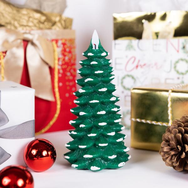 Pavilion Gift Company Green Frosted Pine Tree 7.25" Realistic Flame LED Lit Candle