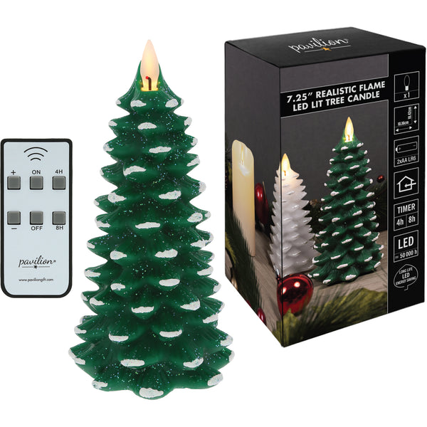 pavilion gift company Green Frosted Pine Tree 7.25" Realistic Flame LED Lit Candle