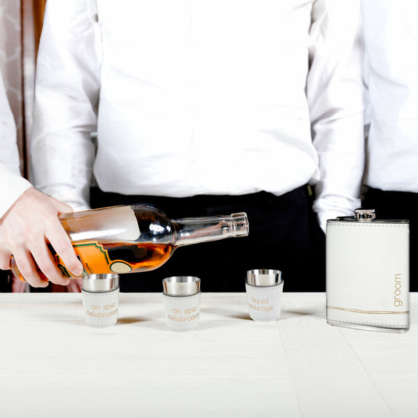 Pavilion Gift Company Groom One 8 Oz Flask & Two 1.5 Oz Shot Glasses In A Gift Box