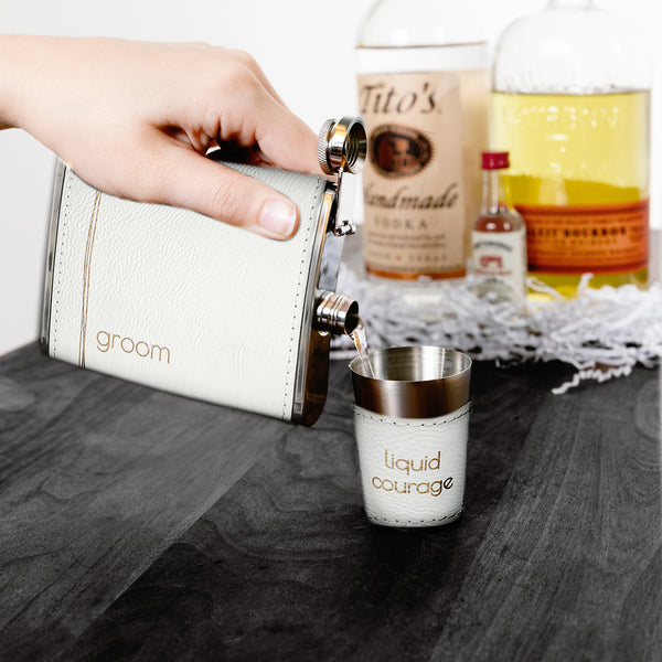 Pavilion Gift Company Groom One 8 Oz Flask & Two 1.5 Oz Shot Glasses In A Gift Box