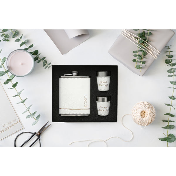Pavilion Gift Company Groom One 8 Oz Flask & Two 1.5 Oz Shot Glasses In A Gift Box