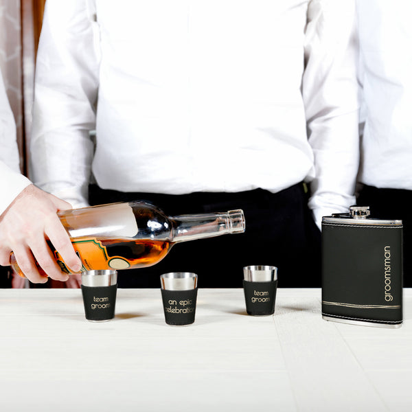 Pavilion Gift Company Groomsman One 8 Oz Flask & Two 1.5 Oz Shot Glasses In A Gift Box