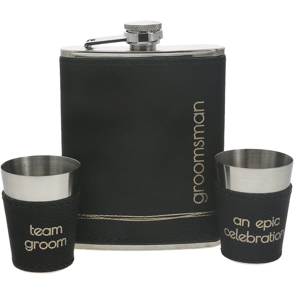 pavilion gift company Groomsman One 8 oz Flask & Two 1.5 oz Shot Glasses in a Gift Box