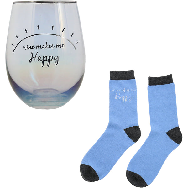 pavilion gift company Happy 18 oz Stemless Glass & Sock Set