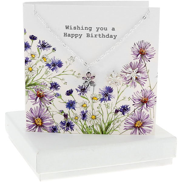 pavilion gift company Happy Birthday 10mm Silver-Plated Cubic Zirconia Flower Stud Earrings and 16.5"-18.5" Necklace