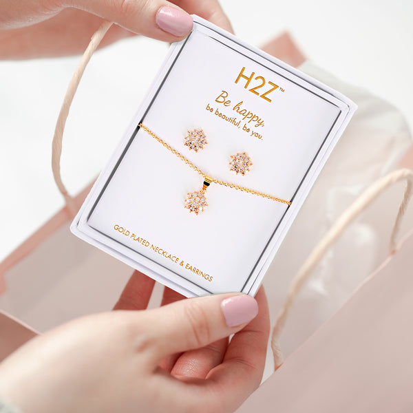 Pavilion Gift Company Happy Floral Burst Topaz Zircon - 16.5"-18.5" Inspirational 18K Gold Plated Gift Set