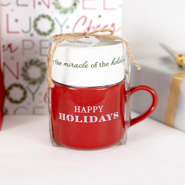 Pavilion Gift Company Happy Holidays Stacking Mug And Candle Set 100% Soy Wax Scent: Balsam Fir