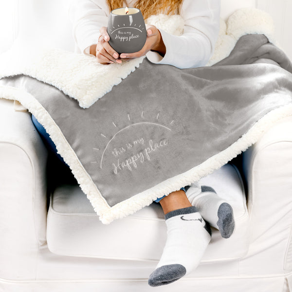 Pavilion Gift Company Happy Place 42" X 50" Sherpa Lined Royal Plush Blanket Gift Set