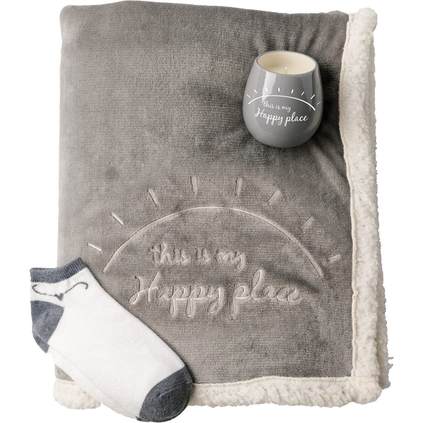 pavilion gift company Happy Place 42" x 50" Sherpa Lined Royal Plush Blanket Gift Set