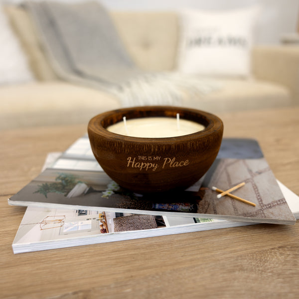 Pavilion Gift Company Happy Place 8.5 Oz - 100% Soy Wax Decorative Wooden Dough Bowl Candle Scent: White Jasmine